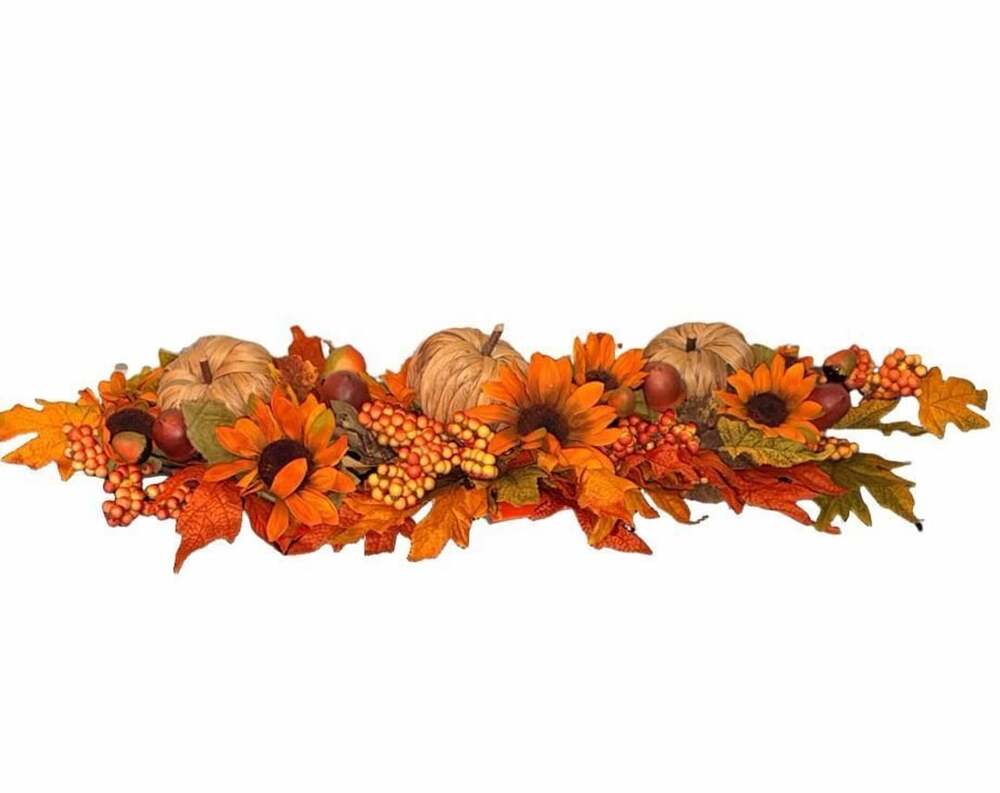 Fall Harvest Table Centerpiece with Pumpkins, Sunflowers, and Maple Leaves 35”Lo